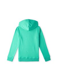 Türkiser Kapuzenpullover aus Baumwolle. Verfügt über eine Kordelzugkapuze, gerippte Bündchen und Saum; glatte Textur ohne Muster.