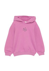 Roze hoodie van zacht materiaal, voorzien van een trekkoordcapuchon en geribde boorden. Er staat tekst op de voorkant: "Magie is overal om me heen."