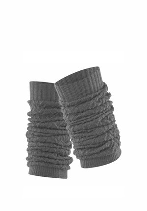 Paar graue, gerippte Strick-Beinwärmer mit Bündchen und geraffter Textur.