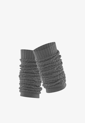 Paar graue, gerippte Strick-Beinwärmer mit Bündchen und geraffter Textur.