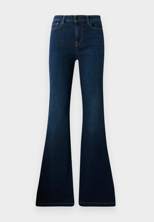 Jeans acampanados de color azul oscuro hechos de mezclilla, con cintura alta, bolsillos delanteros y costuras en contraste a lo largo de las costuras.