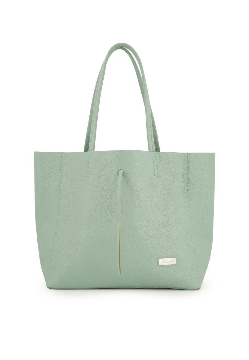 Mintgroene leren tote bag met twee lange handvatten, gestructureerd oppervlak en een eenvoudiger ontwerp. Bevat een decoratieve leren accent met een strik.