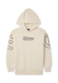 Beżowy hoodie z kieszonką z przodu, czarny gotycki napis "Chrome The Ruler of Ways" na klatce piersiowej oraz duże czarne nadruki graficzne na obu rękawach.