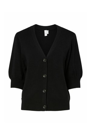 Cárdigan negro de manga corta con cuello en V, puños y borde acanalados, y cuatro botones negros en la parte delantera.