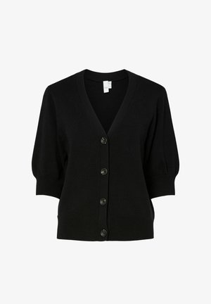 Cárdigan negro de manga corta con cuello en V, puños y borde acanalados, y cuatro botones negros en la parte delantera.
