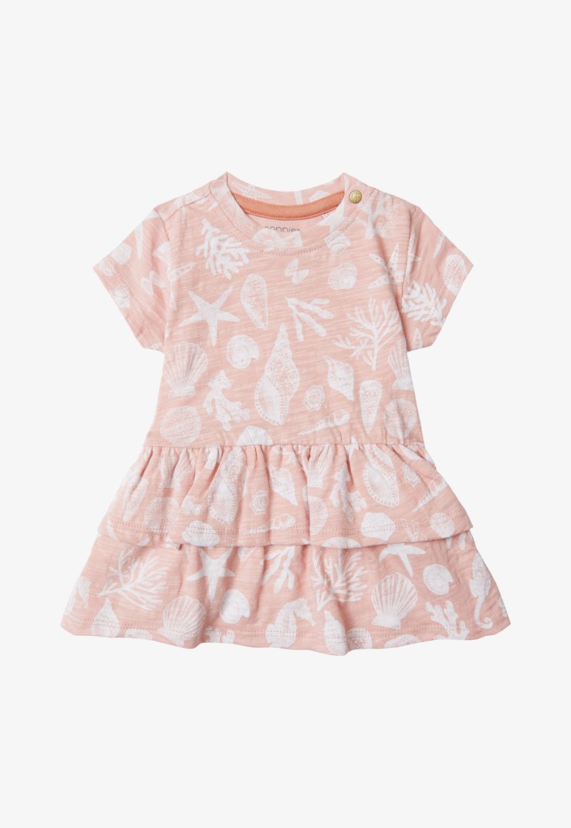 Rotes Kleid mit weißen Muschel- und Korallenmustern, kurzen Ärmeln, gerafftem Rock, Rundhalsausschnitt und dekorativem Seitenschlitzknopf. Aus Baumwollmaterial.