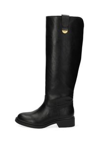 Černá kožená vysoká bota po kolena s hladkým povrchem, kulatou špičkou a nízkým blokovým podpatkem. Má zlatý akcent v podobě očka na vrchu.