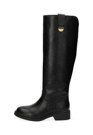 Bota negra de cuero hasta la rodilla, con una textura suave, punta redondeada y tacón bajo en bloque. Presenta un lazo de acento dorado en la parte superior.