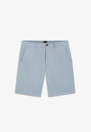 Lichtblauwe herenshorts met riemlussen, zijzakken, voorknop en rits, weergegeven op een witte achtergrond.