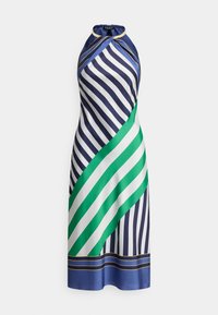 Halternek-kjole med marineblå og hvite vertikale striper og et diagonalt mønster i grønt og hvitt. Laget av glatt stoff med gullfargede detaljer.
