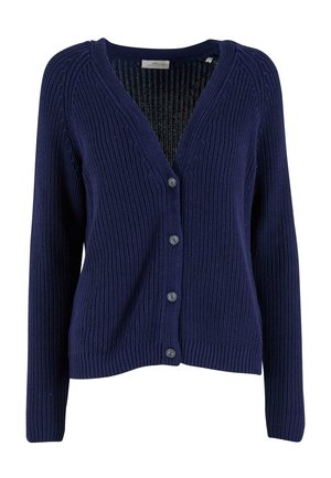 Cardigan a maglione blu navy con scollo a V, maniche lunghe e chiusura con cinque bottoni, realizzato in tessuto testurizzato e con orlo a costine.