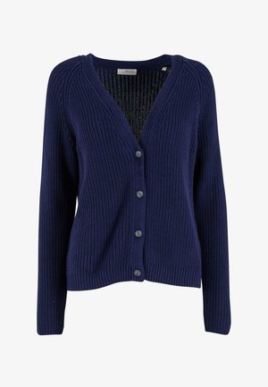 Cardigan tricoté bleu marine avec un col en V, des manches longues et une fermeture à cinq boutons, doté d'un tissu texturé et d'un ourlet côtelé.