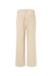 Pantalon beige à jambes larges en tissu texturé, avec poches passepoilées à l'arrière et passants pour ceinture, présenté de dos sur fond blanc.