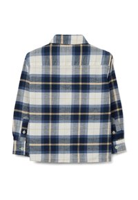 Camicia di flanella a quadri blu e bianchi con colletto, maniche lunghe e polsini con bottone, caratterizzata da dettagli beige nel motivo a scacchi.