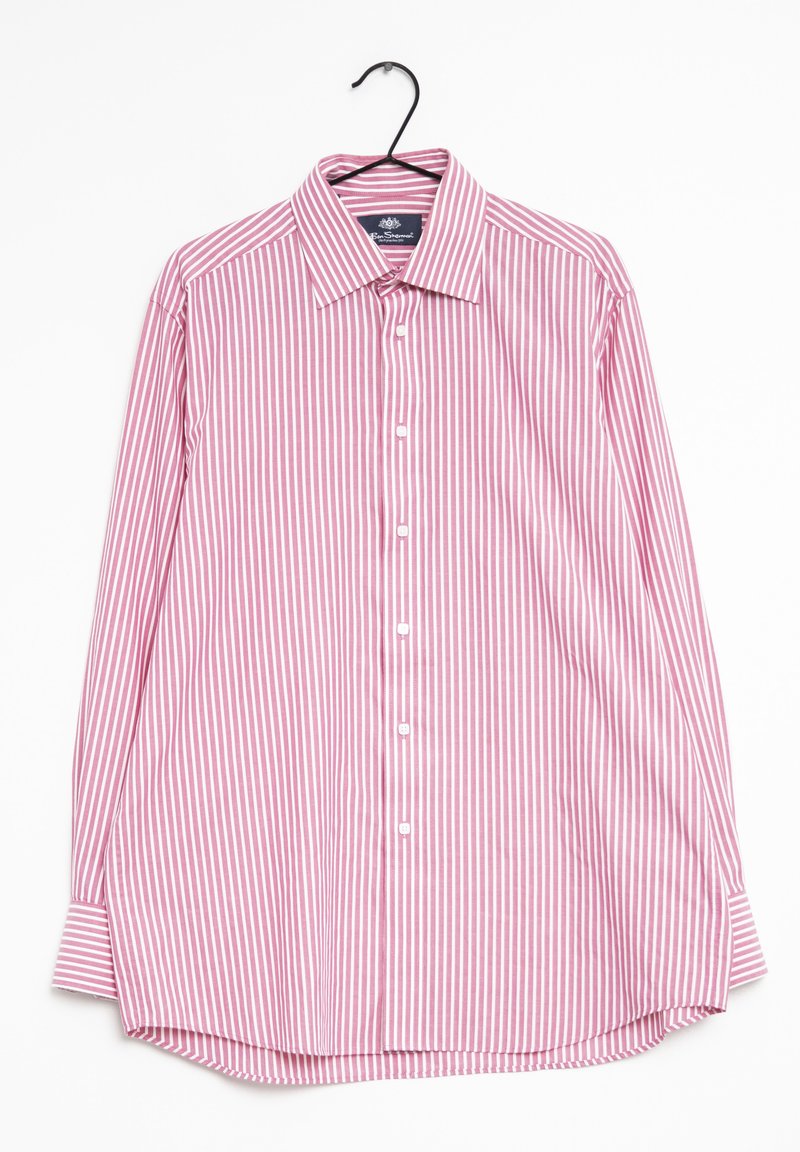 Long-sleeve shirt with a pointed collar, featuring pink and white vertical stripes, seven buttons down the front, and a curved hem.