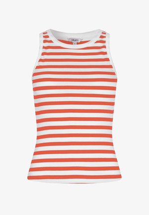 Ærmeløs tætsiddende top med horisontale orange og hvide striber, rund halsudskæring og ribbet stofstruktur.