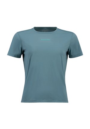 Teal short-sleeve athletic shirt made of smooth fabric. Features a crew neckline and slight stretch. "ROSSIGNOL" logo in light blue on the front.