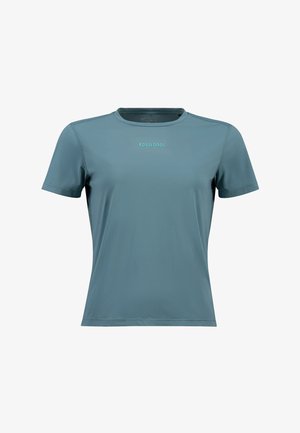 Camiseta deportiva de manga corta en color teal, hecha de un tejido suave. Presenta un cuello redondo y un ligero elástico. Logo "ROSSIGNOL" en azul claro en la parte frontal.