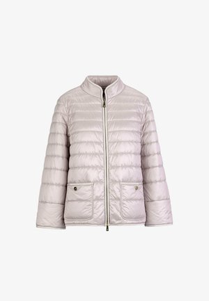 Light beige quilted jacket with stand collar, front zipper, and two buttoned flap pockets, shown on plain background.