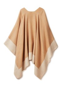 Světlohnědý pončo vyrobený z měkké látky s výstřihem do V, se kontrastním krémovým lemem a volně splývavým designem.