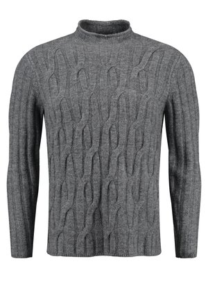 Grauer, gestrickter Pullover mit hohem Kragen, der ein strukturiertes Kabelmuster und lange Ärmeln aufweist, gefertigt aus einem weichen, warmen Material.