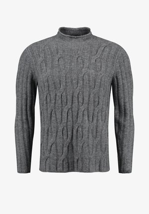 Pull en laine grise avec un col haut, présentant un motif en câble texturé et des manches longues, fabriqué dans un matériau doux et chaud.