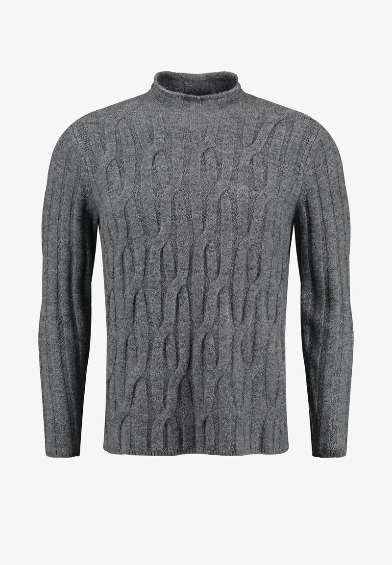 Szary dzianinowy sweter z wysokim kołnierzem, z teksturowanym wzorem w warkocze i długimi rękawami, wykonany z miękkiego, ciepłego materiału.