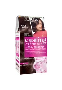 Scatola di tinta per capelli con un design lucido presenta una combinazione di colori rosa e bianco. Sottolinea la tonalità "Castano Iced", trattamento senza ammoniaca e dettagli sull'applicazione.
