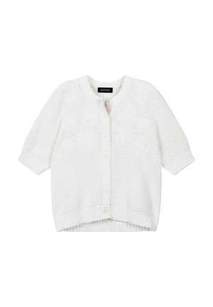 Witte gebreide cardigan met bloemenpatroon, ronde halslijn, knoopsluiting aan de voorkant en lange mouwen, plat uitgespreid op een witte achtergrond.