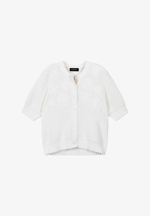 Witte gebreide cardigan met bloemenpatroon, ronde halslijn, knoopsluiting aan de voorkant en lange mouwen, plat uitgespreid op een witte achtergrond.