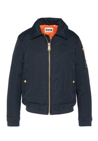 Chaqueta bomber de la Marina con cremallera dorada y detalles de botones. Presenta un cuello alzado, puños acanalados y un forro interior naranja.