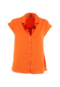 Blusa corta de manga corta en color naranja, con cuello tipo polo, cierre frontal con botones y aberturas en los laterales. Textura de tela suave y corte relajado.