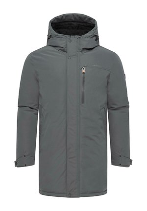 Grijze geïsoleerde jas met een capuchon, frontale rits, zijzakken en een ritsvak op de borst. Gladde buitenkant met een minimaal ontwerp.