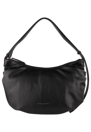 Bolso de hombro de cuero negro con una cremallera superior curva y correa ajustable, con el logo "bugatti" en relieve en el centro delantero.