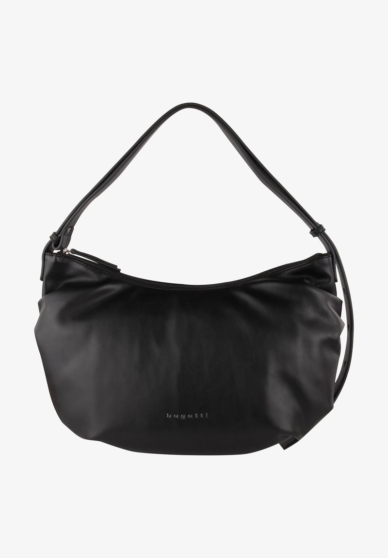 Sac bandoulière en cuir noir avec une fermeture éclair courbée sur le dessus et une sangle réglable, embossé du logo "bugatti" au centre devant.