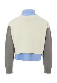 Maglione corto con un corpo di un leggero crema, maniche grigie e una camicia blu sotto. Polsini e orlo a coste; texture liscia.