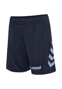 Navyblauwe sportieve korte broek met elastische tailleband, lichtblauw Hummel-logo en chevronpatroon aan de zijkant.