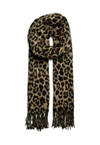 Foulard in stampa leopardata beige e nera, realizzato in tessuto morbido. Presenta dettagli con frange agli estremi. Forma rettangolare, leggero.