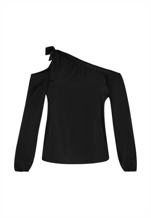 Haut noir à épaules dénudées avec des manches longues, présentant un détail de lien au niveau du col et des poignets élastiqués. Tissu lisse et léger.