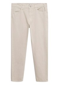 Pantalones beige de pierna recta con bolsillos delanteros, cierre de botón y cremallera, adecuados para uso casual.