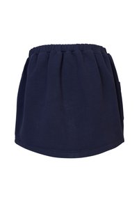 Marineblaue Strickskirt mit elastischem Taillenbund, gerafftem Design und seitlichen Taschen. Glatte Textur und abgerundeter Saum.