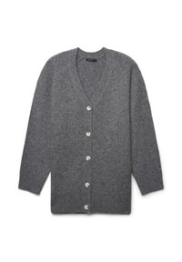 Grauer Strickcardigan mit V-Ausschnitt, langen Ärmeln und fünf weißen Knöpfen auf der Vorderseite. Weiche Textur mit lockerer Passform.