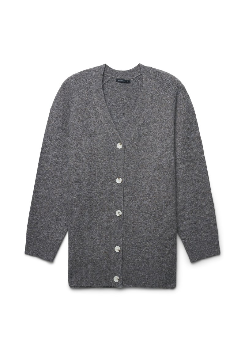 Grauer Strickcardigan mit V-Ausschnitt, langen Ärmeln und fünf weißen Knöpfen auf der Vorderseite. Weiche Textur mit lockerer Passform.