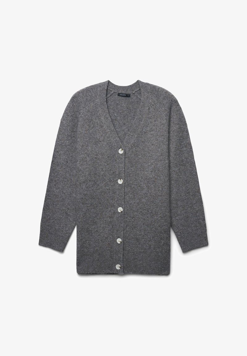 Grauer Strickcardigan mit V-Ausschnitt, langen Ärmeln und fünf weißen Knöpfen auf der Vorderseite. Weiche Textur mit lockerer Passform.