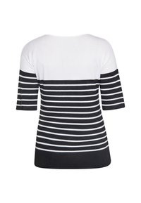Gebreid T-shirt met korte mouwen, gekenmerkt door zwart-witte horizontale strepen. Gladde textuur met een effen zwarte onderrand en een ronde halslijn.