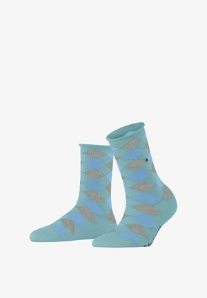 Turquoise socks with a diamond pattern in light blue and gray, featuring a ribbed cuff and seamless toe design.