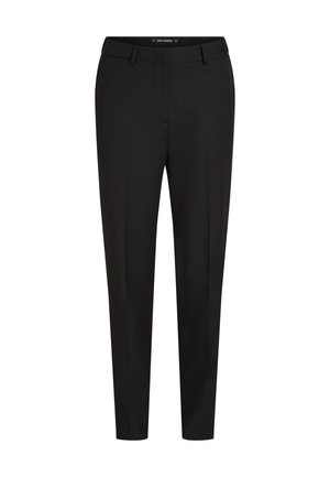 Czarne dopasowane spodnie z eleganckim krojem, gładkim przodem i gładkiego materiału. Posiadają standardowy pas i prostą nogawkę. Brak widocznych kieszeni.