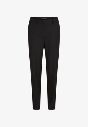 Czarne dopasowane spodnie z eleganckim krojem, gładkim przodem i gładkiego materiału. Posiadają standardowy pas i prostą nogawkę. Brak widocznych kieszeni.