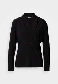 Zwart top met lange mouwen gemaakt van zachte stof met een gedrapeerd voorpand en een wikkelvorm. Voorzien van een klassieke kraag en een gladde textuur.