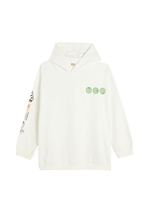Sudadera blanca de algodón con una gran capucha, tres círculos gráficos verdes en la parte frontal y diseños impresos en la manga izquierda.